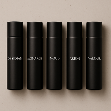 Men’s Discovery Set by The Perfume Stash London featuring Obsidian, Monarch, Noud, Arion and Valour luxury perfumes in sleek black bottles